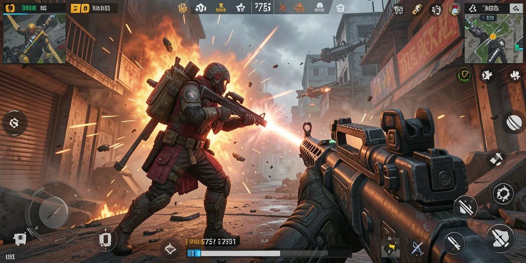 Menampilkan aksi tembak-menembak dalam gameplay <strong>2757</strong> yang intens.