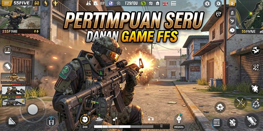 Screenshot gameplay 55FIVE menampilkan aksi tembak-menembak intens.