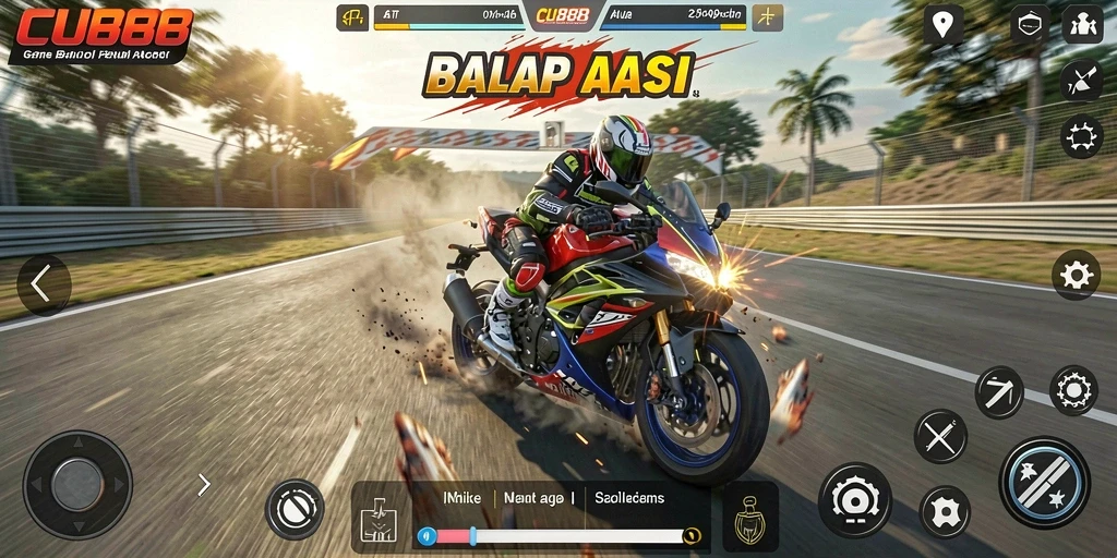 Tampilan gameplay seru dari CU888 saat balap motor di trek.
