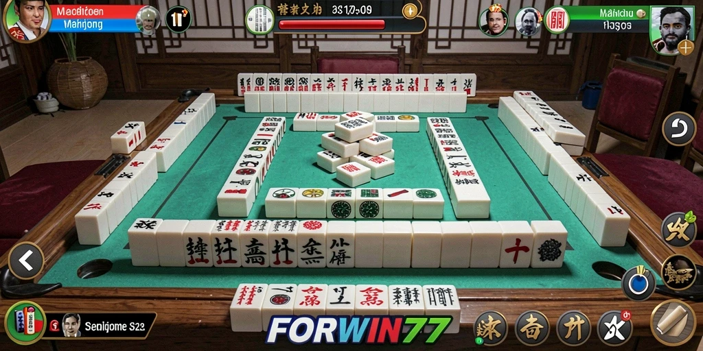 Tangkapan layar utama dari permainan FORWIN77 yang menunjukkan aksi Mahjong.