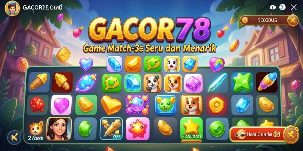 Screenshot GACOR78 menampilkan gameplay seru mencocokkan permata warna-warni.