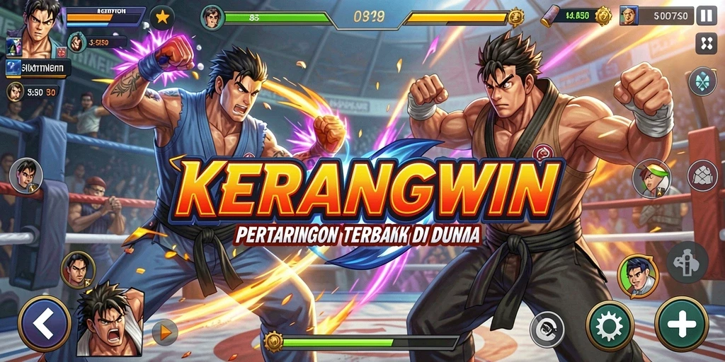 Tampilan pertarungan seru dalam KERANGWIN dengan karakter beraksi.