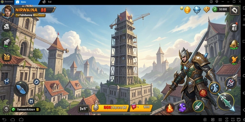 Tangkapan layar gameplay NIRWANA88 dengan menara pertahanan yang menakjubkan.