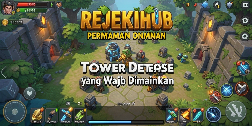 Tampilan gameplay menarik dari REJEKIHUB dengan menara dan musuh yang dinamis.