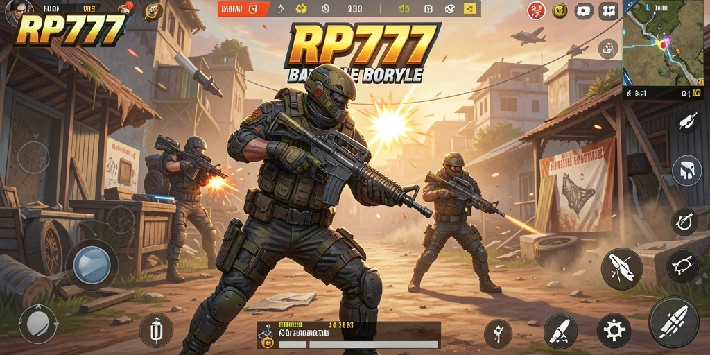 Screenshot gameplay RP777 menampilkan aksi Battle Royale yang seru.